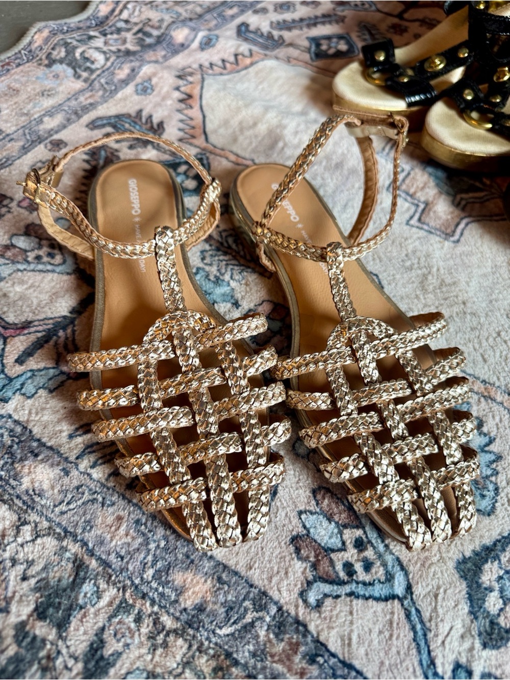 Gioseppo Braided Metallic Gold T-Strap Women's Gladiator Sandals